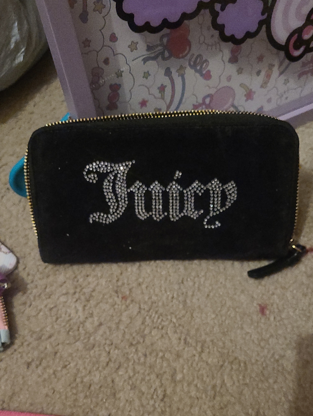 Juicy Couture Black Velvet Rhinestone Logo Zip Wallet with Gold Zipper